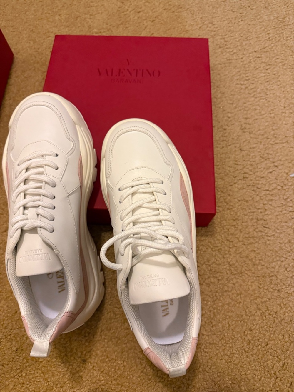 Valentino Garavani White and Light Pink Leather Sneakers